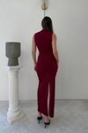 Bordo Uzun Sıfır Kol Sandy Drape Detaylı Yırtmaçlı Elbise