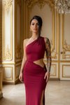 Bordo Uzun Yan Pencereli Sandy Abiye Elbise