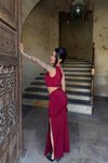 Bordo Uzun Yan Pencereli Sandy Abiye Elbise