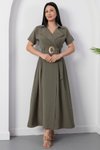 Haki Midi Gömlek Yaka Tokalı Kemerli Elbise