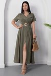 Haki Midi Gömlek Yaka Tokalı Kemerli Elbise