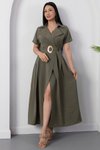 Haki Midi Gömlek Yaka Tokalı Kemerli Elbise