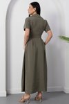 Haki Midi Gömlek Yaka Tokalı Kemerli Elbise