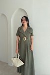 Haki Midi Kruvaze Yaka Kemerli Elbise