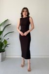 Kahverengi Drape Detaylı Midi Krep Elbise