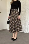 Kahverengi Ekose Desenli Midi Kemerli Etek