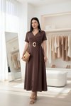 Kahverengi Midi Gömlek Yaka Tokalı Kemerli Elbise