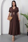 Kahverengi Midi Gömlek Yaka Tokalı Kemerli Elbise