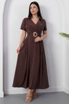 Kahverengi Midi Gömlek Yaka Tokalı Kemerli Elbise