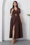 Kahverengi Midi Gömlek Yaka Tokalı Kemerli Elbise