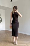 Midi Boat Neck Crepe Draped Dress - Brown