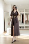 Midi Wrap-Neck Tencel Belt-Detail Dress - Brown