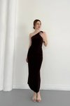 Kahverengi Midi Tek Omuzlu Drape Detaylı Abiye Elbise