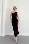 Kahverengi Midi Tek Omuzlu Drape Detaylı Abiye Elbise