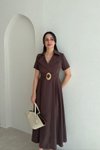 Kahverengi Midi Tensel Kruvaze Yaka Kemerli Elbise