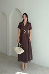 Kahverengi Midi Tensel Kruvaze Yaka Kemerli Elbise