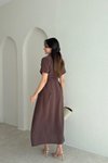 Kahverengi Midi Tensel Kruvaze Yaka Kemerli Elbise