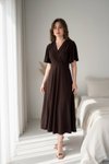 Kahverengi Midi Volanlı Kruvaze Yaka Elbise