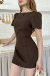 Kahverengi Mini Balon Kol Cep Detaylı Elbise