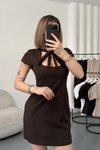 Kahverengi Mini Kare Yaka Boyun Bağlamalı Elbise