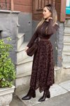 Kahverengi Uzun Çiçek İşlemeli Etek