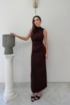 Kahverengi Uzun Sıfır Kol Drape Detaylı Yırtmaçlı Elbise