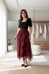 Midi Asymmetrical Plaid Square-Neck Dress - Red
