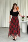 Kırmızı Ekose Desenli Midi Kare Yaka Asimetrik Etekli Elbise