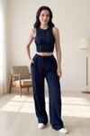 Crop Halter Neck Reverse Stitch Pants Set - Navy Blue