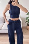 Lacivert Halter Yaka Ters Dikiş Crop Pantolon Takım