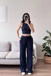 Lacivert Halter Yaka Ters Dikiş Crop Pantolon Takım