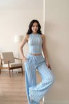 Crop Halter Neck Reverse Stitch Pants Set - Blue