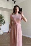 Pembe Piliseli Midi Bel Detaylı Elbise