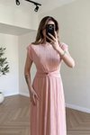 Pembe Piliseli Midi Bel Detaylı Elbise