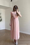 Pembe Piliseli Midi Bel Detaylı Elbise