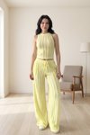 Crop Halter Neck Reverse Stitch Trouser Set - Yellow