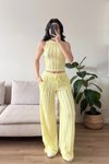 Sarı Halter Yaka Crop Ters Dikiş Pantolon Takım