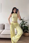 Sarı Halter Yaka Crop Ters Dikiş Pantolon Takım