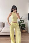 Sarı Halter Yaka Crop Ters Dikiş Pantolon Takım
