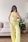 Sarı Halter Yaka Crop Ters Dikiş Pantolon Takım