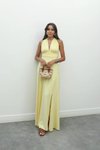 Sarı Uzun Sırt Dekolteli Bağlama Yırtmaçlı Elbise
