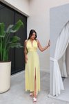 Sarı Uzun Sırt Dekolteli Bağlamalı Yırtmaçlı Abiye Elbise