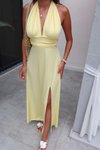 Sarı Uzun Sırt Dekolteli Bağlamalı Yırtmaçlı Abiye Elbise