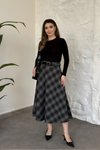 Siyah Ekose Desenli Midi Kemerli Etek