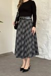 Siyah Ekose Desenli Midi Kemerli Etek