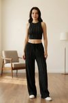 Crop Halter Neck Reverse Stitch Pants Set - Black