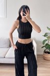 Siyah Halter Yaka Crop Ters Dikiş Pantolonlu Takım