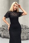 Siyah Midi Dantel Detaylı Elbise