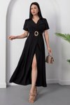 Siyah Midi Gömlek Yaka Tokalı Kemerli Elbise