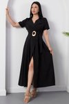 Siyah Midi Gömlek Yaka Tokalı Kemerli Elbise